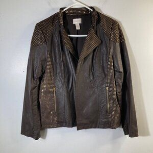 Womens Chicos Faux Leather Studded Moto Jacket Brown Gold M PU Viscose Polyester